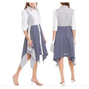 Gracia Midi Shirt Dress Large Blue Tan White Stripe 3/4 Long Sleeve Washable NEW